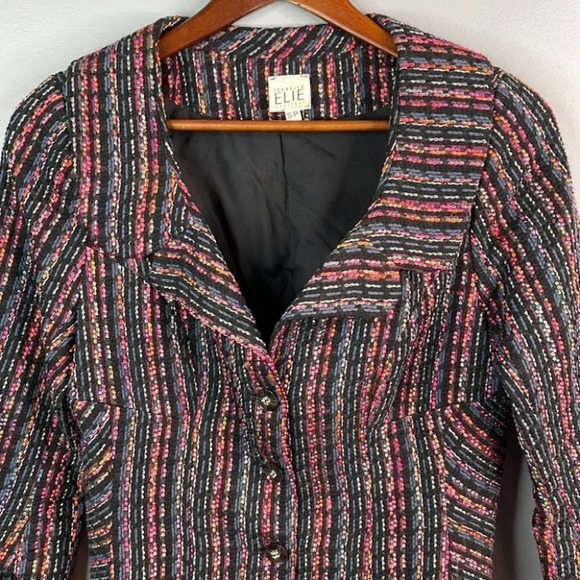 ISABELLE ELIE Multicoloured Tweed Blazer 3/4 Tulip Sleeve Single Breasted Size S - Picture 3 of 12